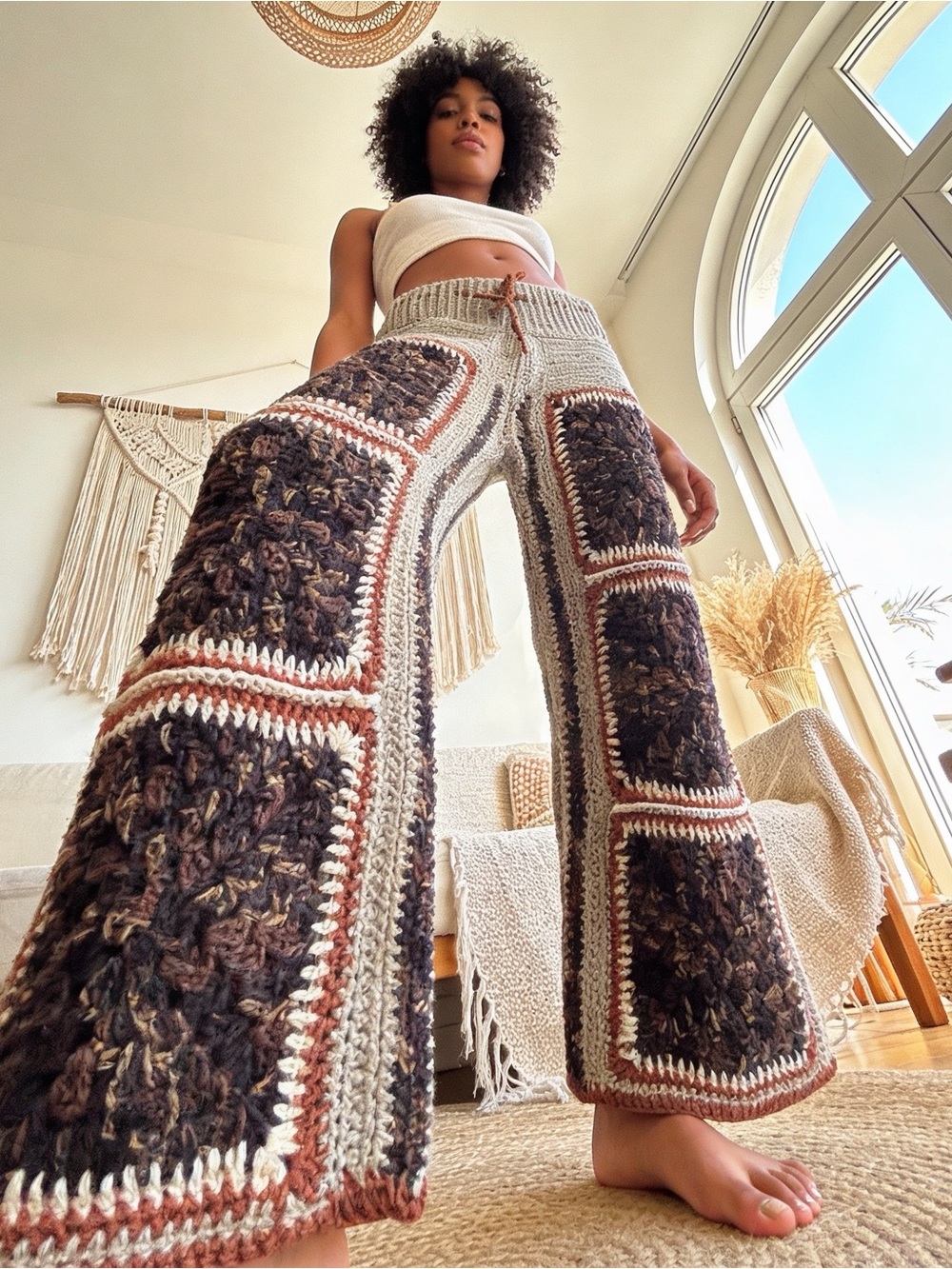 Boho Crochet Wide-Leg Pants in Brown & Cream Handcrafted One of a Kind